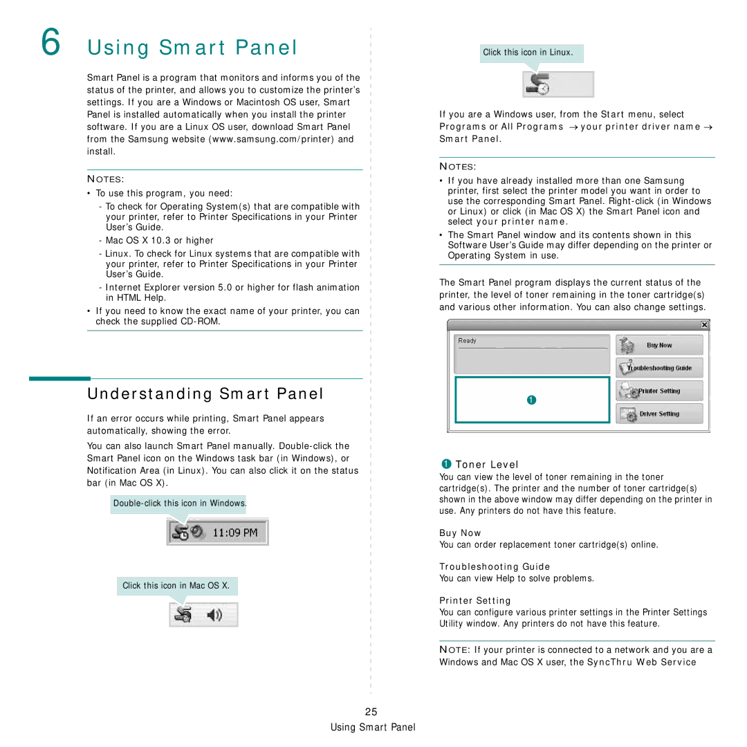 Samsung ML-3470D manual Understanding Smart Panel, Toner Level, Buy Now, Troubleshooting Guide, Printer Setting 