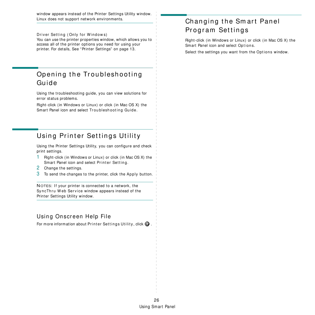 Samsung ML-3470D manual Opening the Troubleshooting Guide, Using Printer Settings Utility, Using Onscreen Help File 