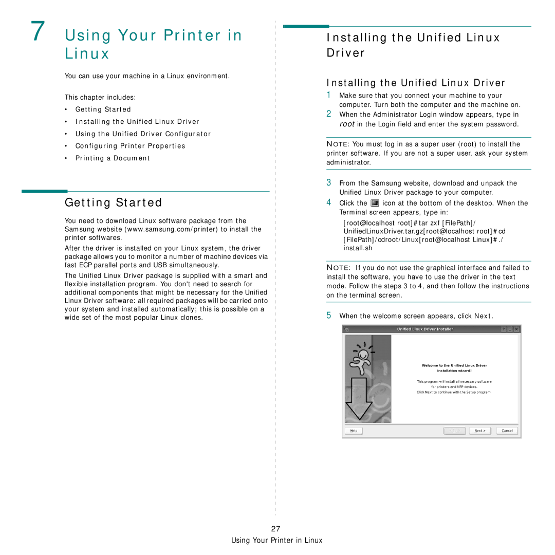 Samsung ML-3470D manual Getting Started, Installing the Unified Linux Driver 