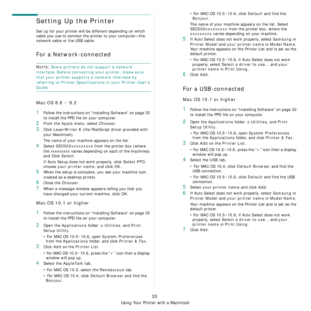 Samsung ML-3470D Setting Up the Printer, For a Network-connected, For a USB-connected, Mac OS 8.6 ~, Mac OS 10.1 or higher 