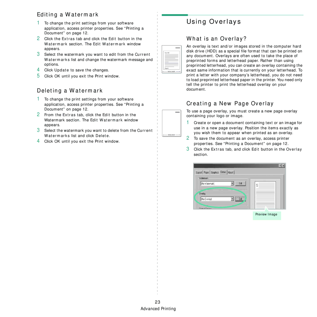 Samsung ML-3560 Series manual Using Overlays, Editing a Watermark, Deleting a Watermark, What is an Overlay? 