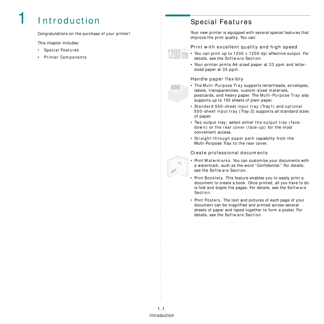 Samsung ML-3560 Series Introduction, Special Features, Print with excellent quality and high speed, Handle paper flexibly 