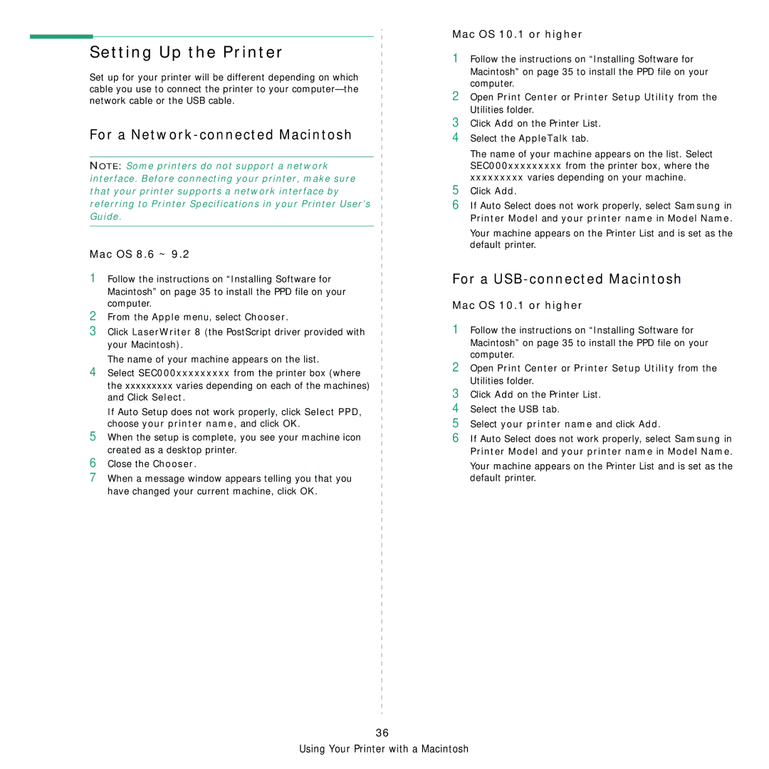 Samsung ML-3560 Series manual Setting Up the Printer, For a Network-connected Macintosh, For a USB-connected Macintosh 