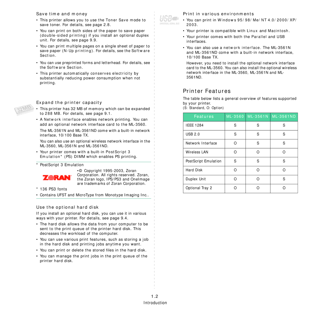 Samsung ML-3560 Series manual Printer Features 