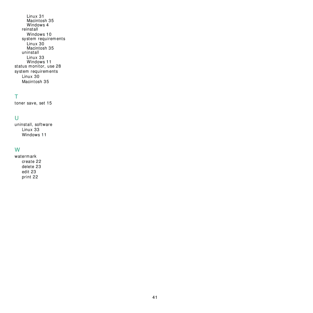 Samsung ML-3560 Series manual Status monitor, use 28 system requirements, Uninstall, software Linux 33 Windows 