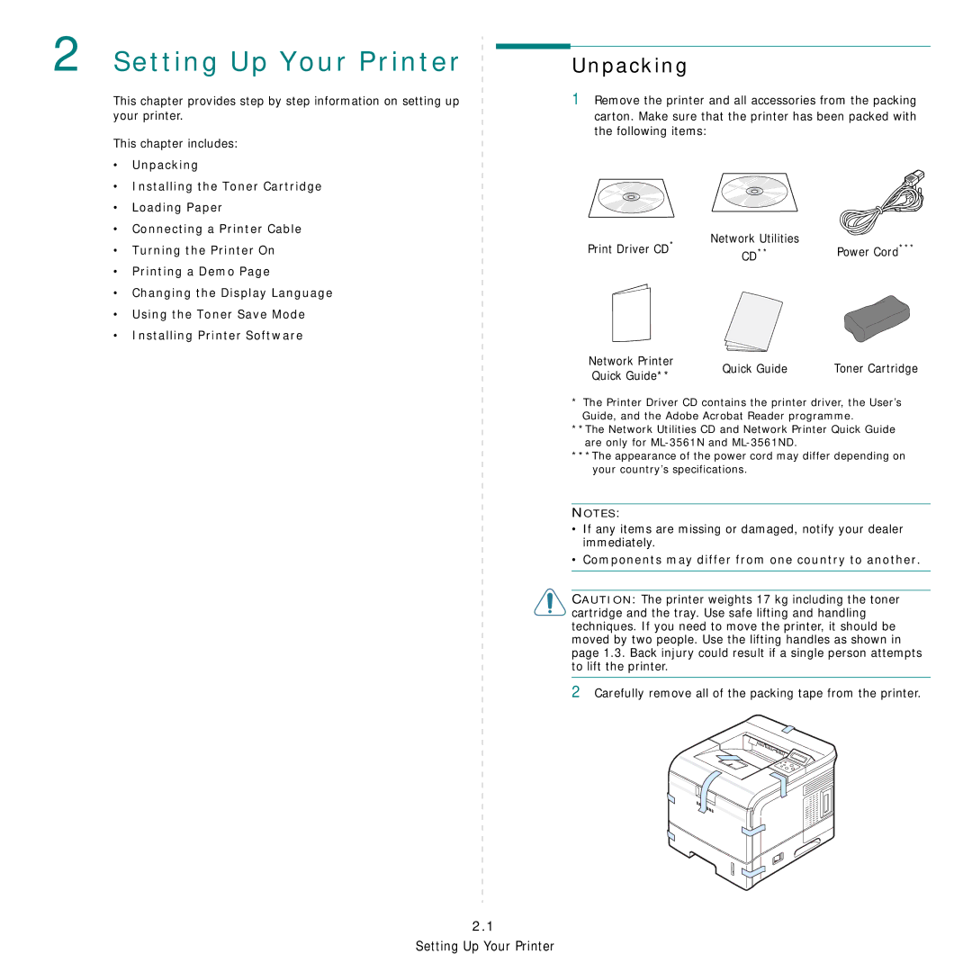 Samsung ML-3560 Series Setting Up Your Printer, Unpacking, Quick Guide, Components may differ from one country to another 