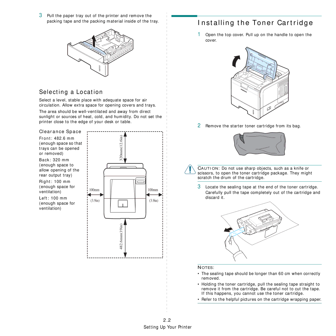 Samsung ML-3560 Series manual Installing the Toner Cartridge, Selecting a Location, Clearance Space 