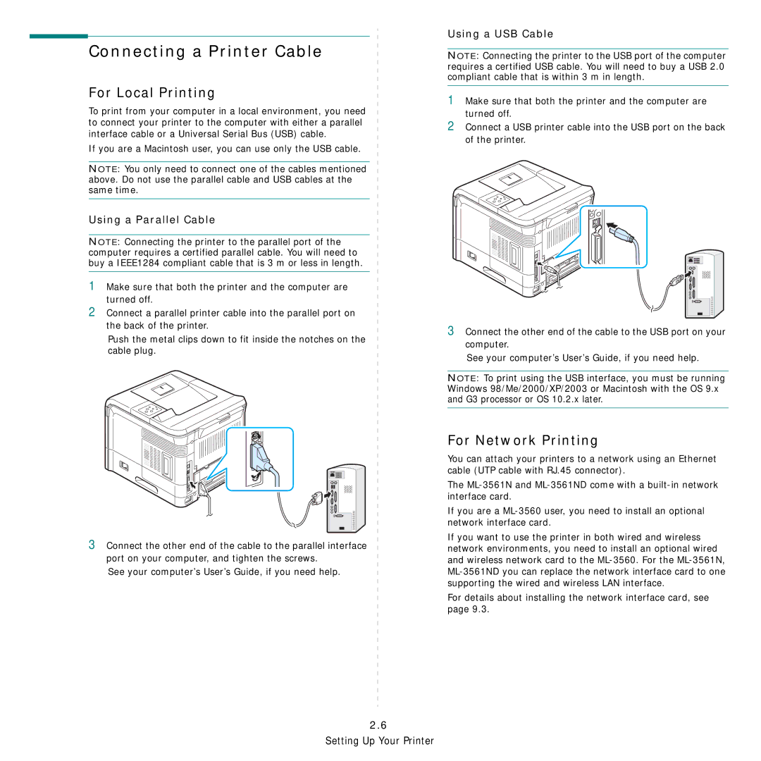 Samsung ML-3560 Series manual Connecting a Printer Cable, For Local Printing, For Network Printing, Using a Parallel Cable 