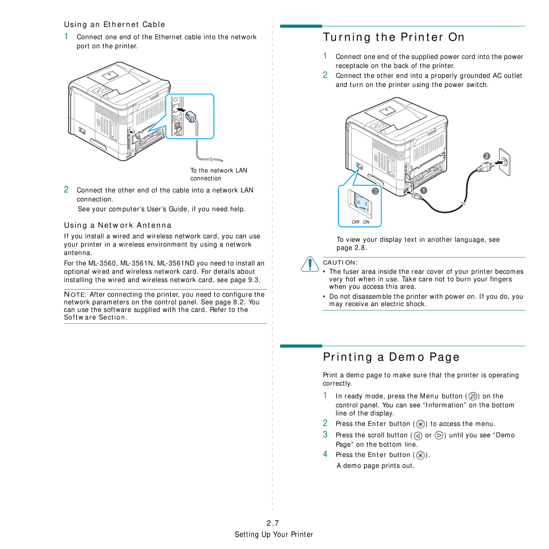 Samsung ML-3560 Series manual Turning the Printer On, Printing a Demo, Using an Ethernet Cable, Using a Network Antenna 