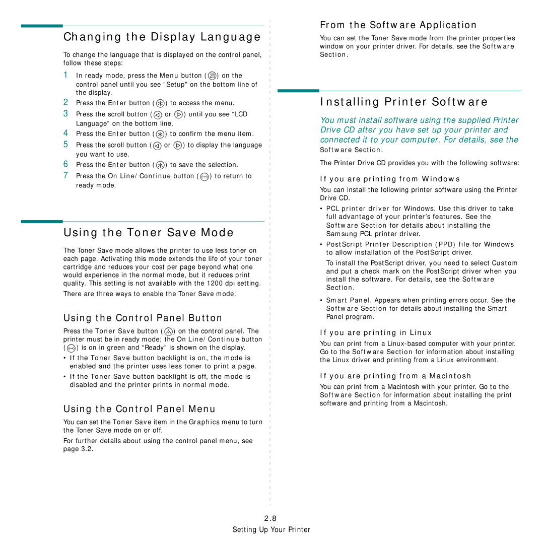 Samsung ML-3560 Series manual Changing the Display Language, Using the Toner Save Mode, Installing Printer Software 