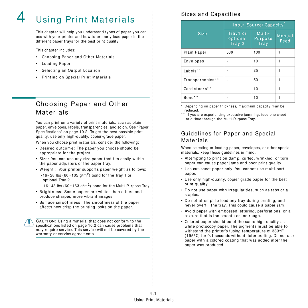 Samsung ML-3560 Series manual Using Print Materials, Choosing Paper and Other Materials, Sizes and Capacities 