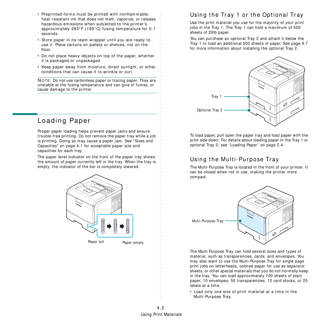 Samsung ML-3560 Series manual Using the Tray 1 or the Optional Tray, Using the Multi-Purpose Tray 