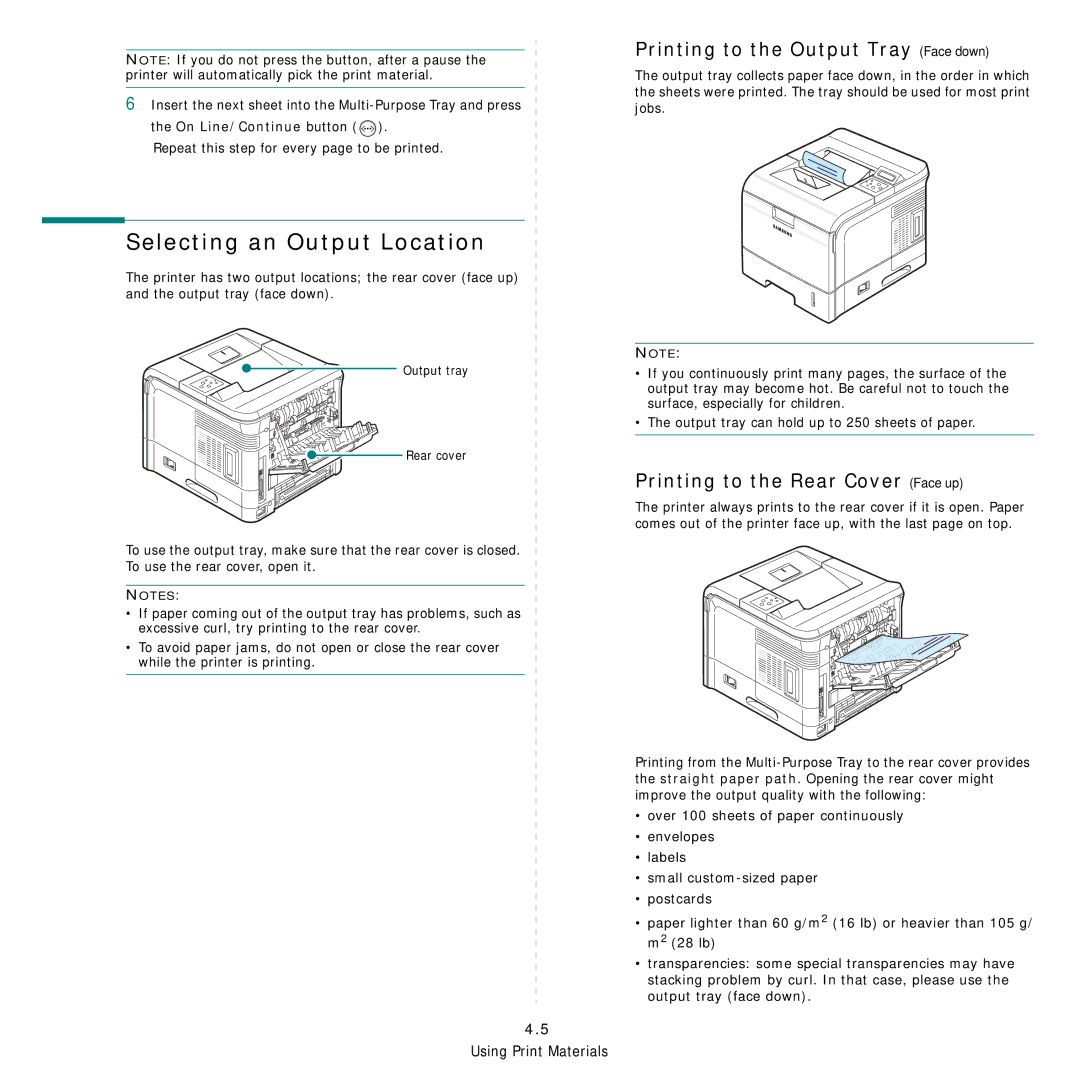 Samsung ML-3560 Series manual Selecting an Output Location, Printing to the Output Tray Face down, On Line/Continue button 