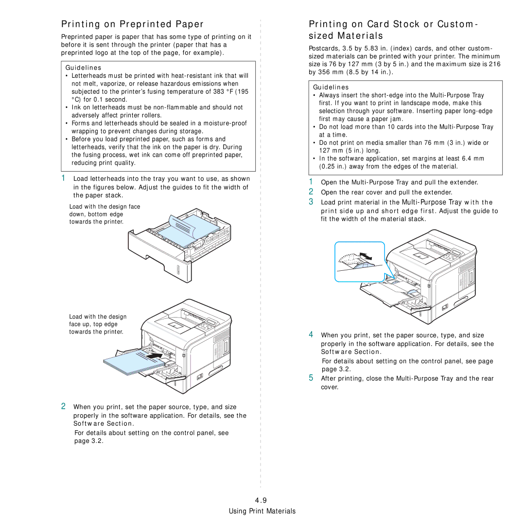 Samsung ML-3560 Series manual Printing on Preprinted Paper, Printing on Card Stock or Custom- sized Materials 