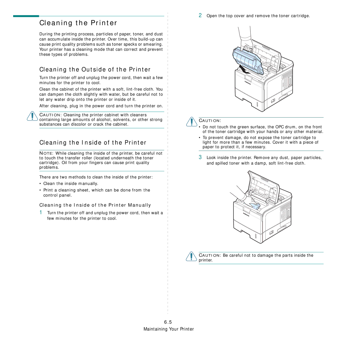 Samsung ML-3560 Series manual Cleaning the Printer, Cleaning the Outside of the Printer, Cleaning the Inside of the Printer 