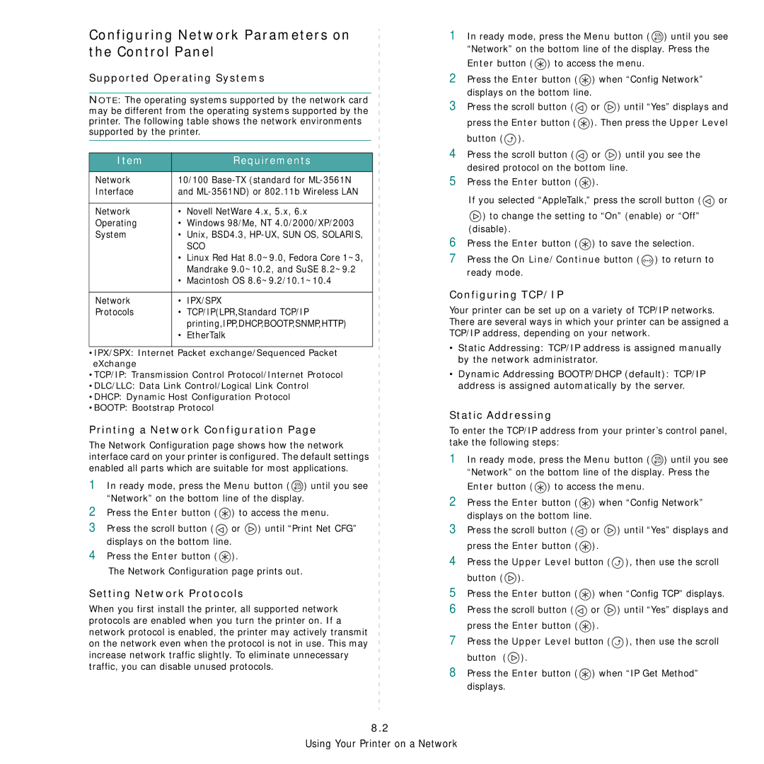 Samsung ML-3560 Series manual Configuring Network Parameters on the Control Panel, Requirements 