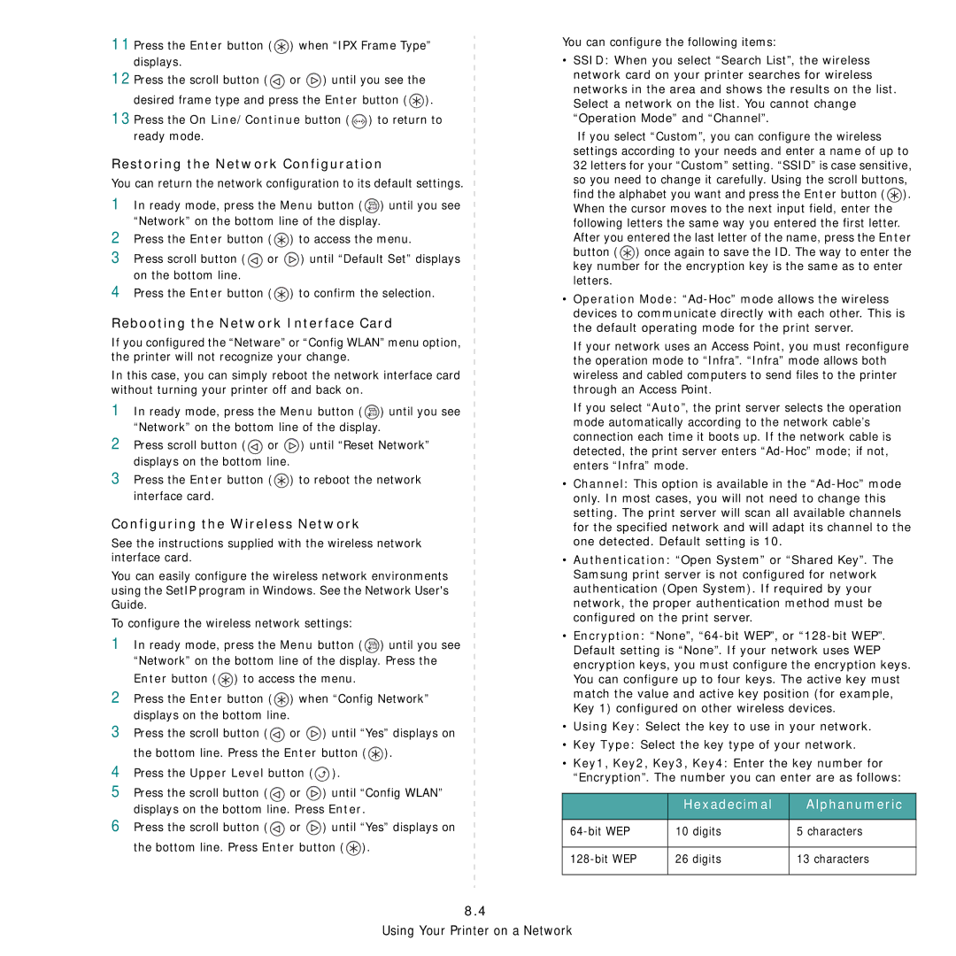 Samsung ML-3560 Series Restoring the Network Configuration, Rebooting the Network Interface Card, Hexadecimal Alphanumeric 