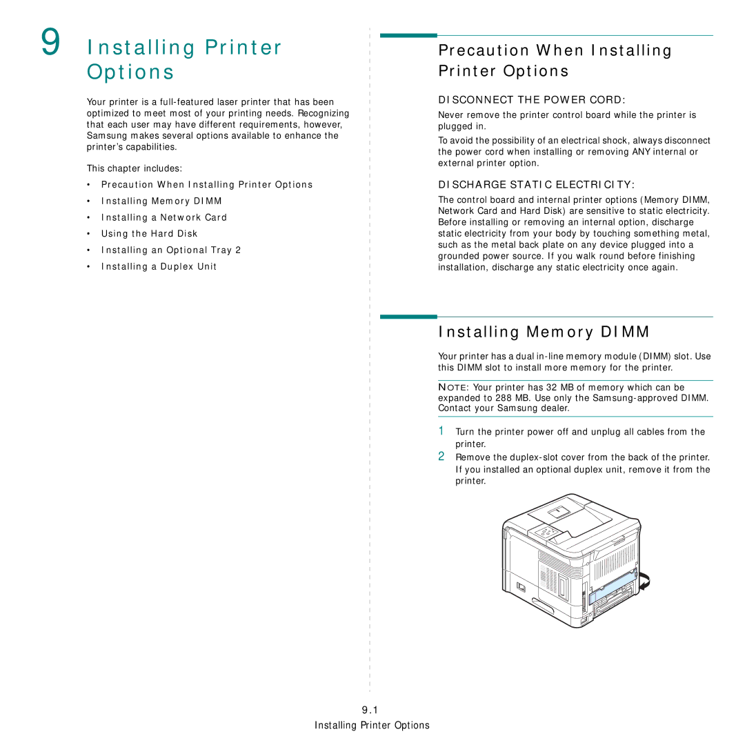 Samsung ML-3560 Series manual Precaution When Installing Printer Options, Installing Memory Dimm 