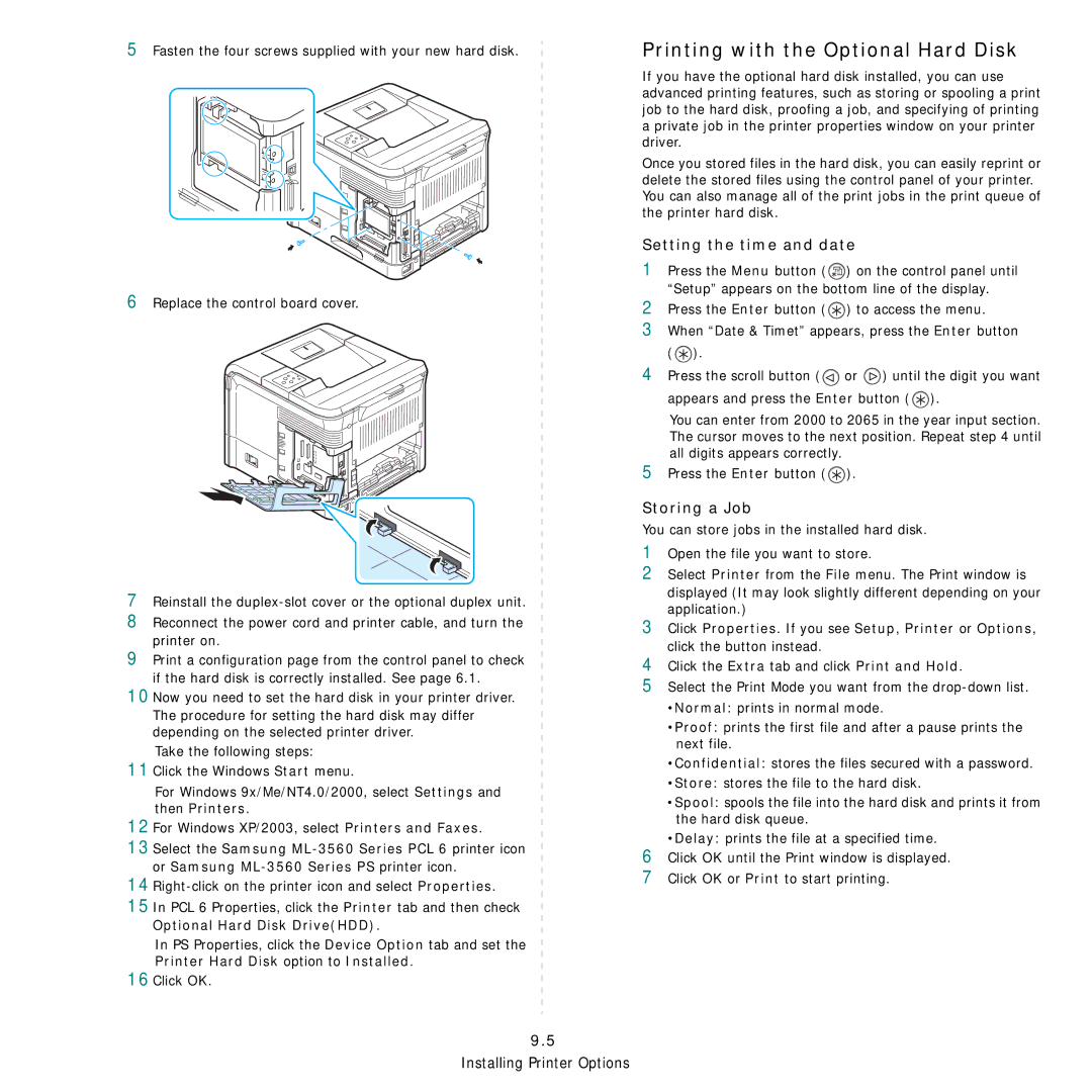 Samsung ML-3560 Series manual Printing with the Optional Hard Disk, Setting the time and date, Storing a Job 