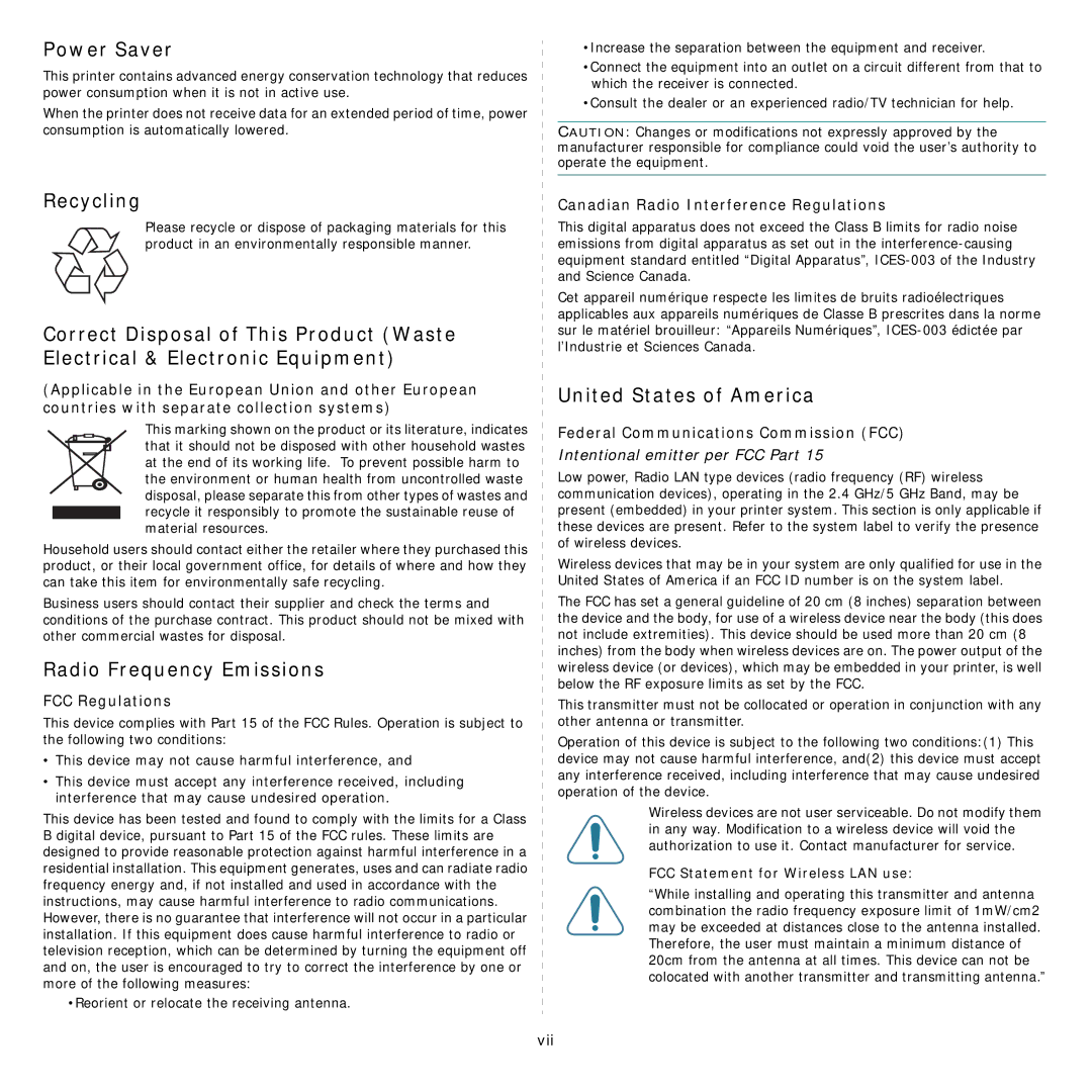 Samsung ML-3560 Series manual Power Saver, Recycling, Radio Frequency Emissions, United States of America 