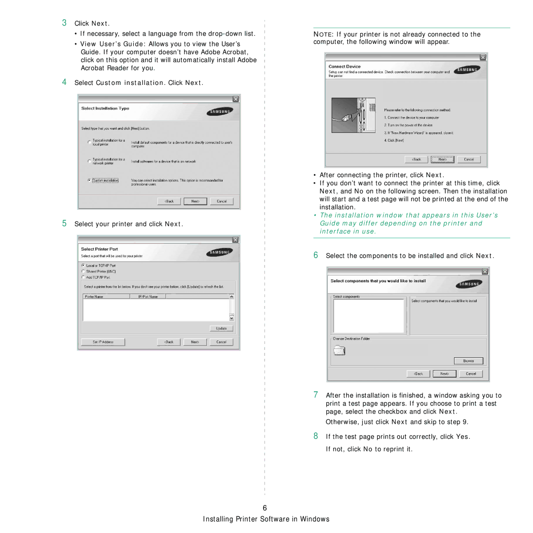 Samsung ML-3560 Series manual Select Custom installation. Click Next 