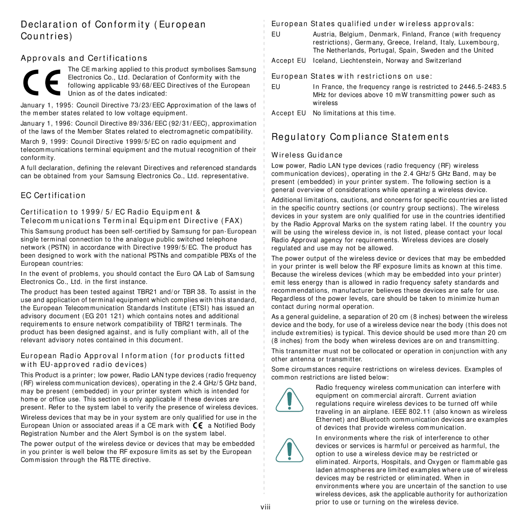 Samsung ML-3560 Series Declaration of Conformity European Countries, Regulatory Compliance Statements, Wireless Guidance 