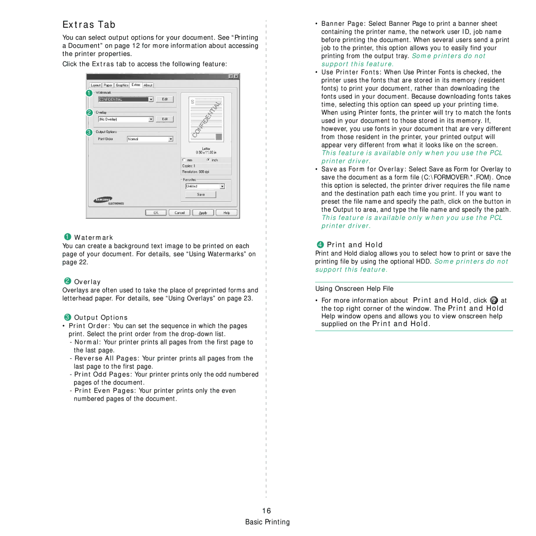 Samsung ML-3560 Series manual Extras Tab, Print and Hold, Watermark, Overlay, Output Options 