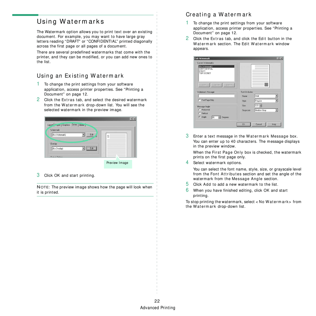 Samsung ML-3560 Series manual Using Watermarks, Using an Existing Watermark, Creating a Watermark 