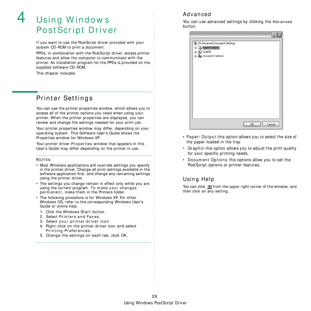 Samsung ML-3560 Series manual Using Windows PostScript Driver, Advanced, Printer Settings, Using Help 