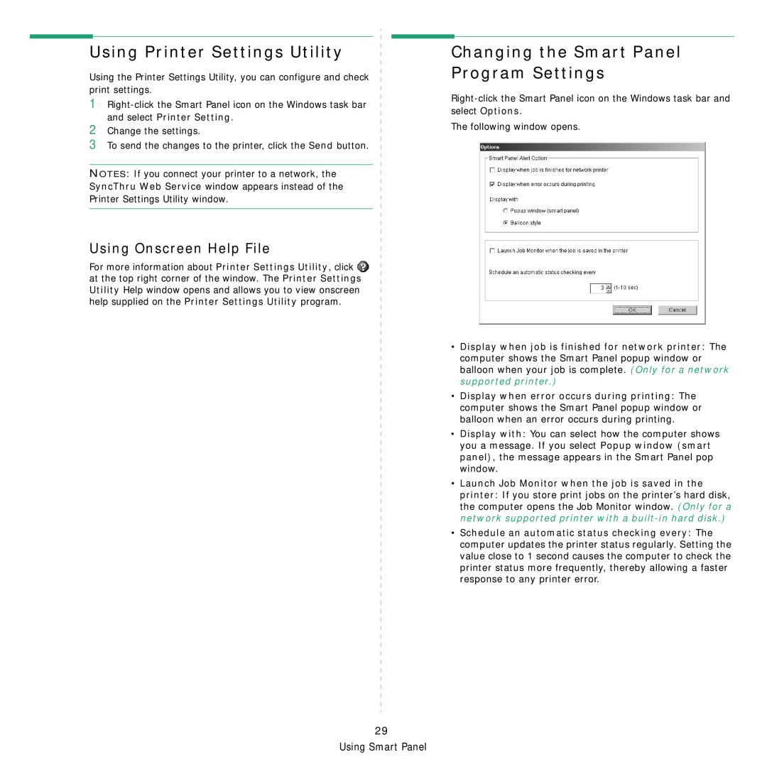 Samsung ML-3560 Series Using Printer Settings Utility, Changing the Smart Panel Program Settings, Using Onscreen Help File 