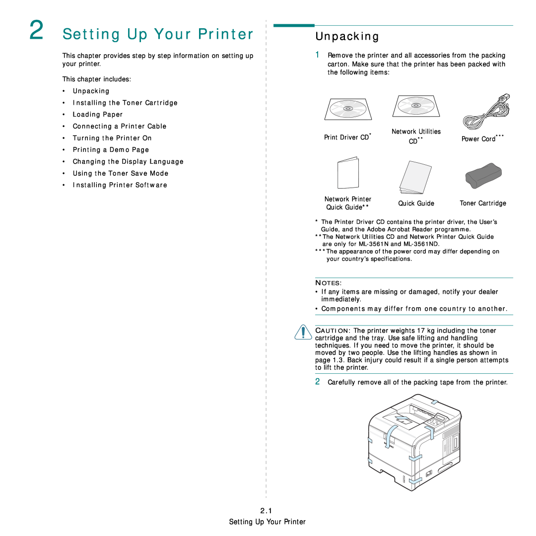 Samsung ML-3560 Series manual Setting Up Your Printer, Unpacking Installing the Toner Cartridge Loading Paper 