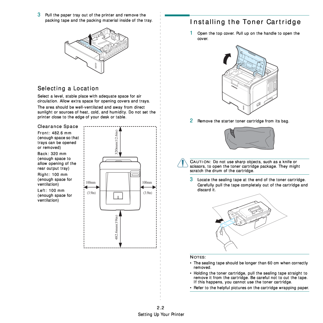 Samsung ML-3560 Series manual Installing the Toner Cartridge, Selecting a Location, Clearance Space 