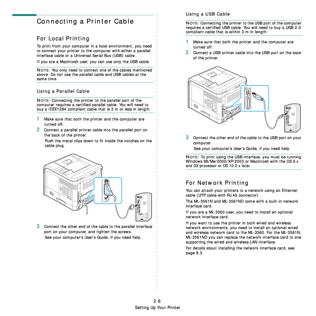 Samsung ML-3560 Series manual Connecting a Printer Cable, For Local Printing, For Network Printing, Using a Parallel Cable 