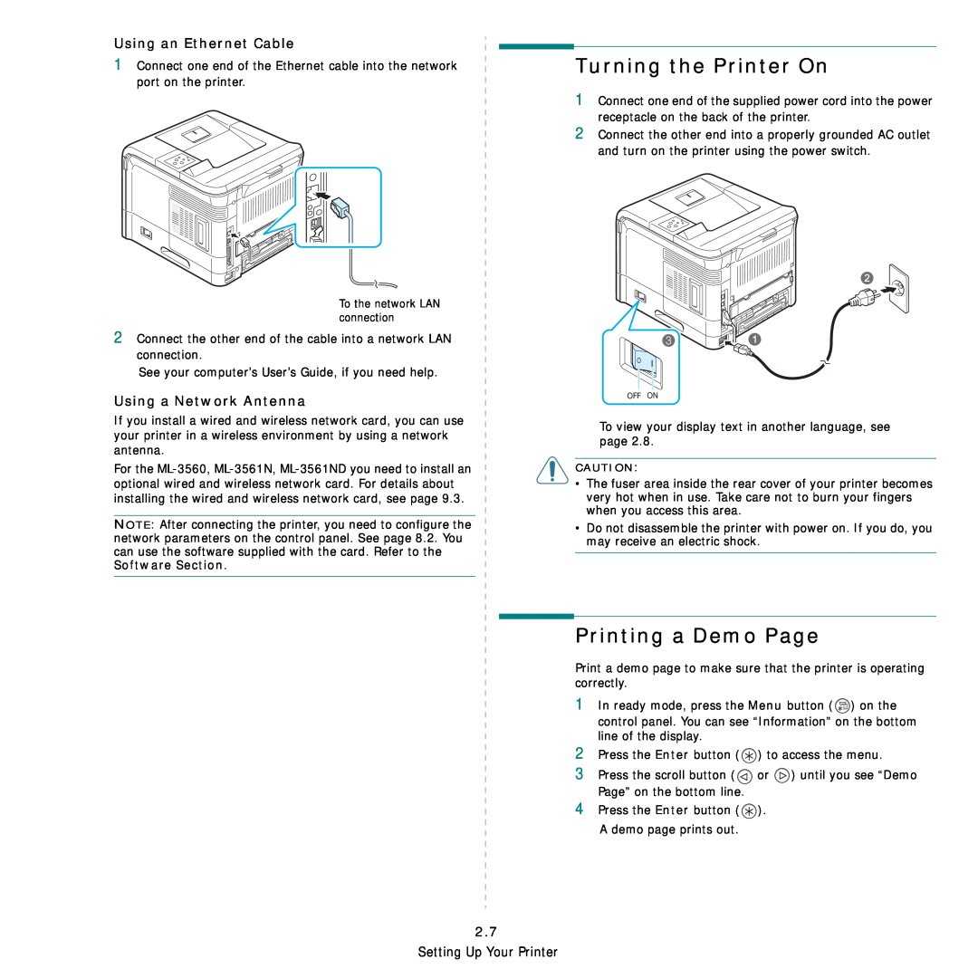 Samsung ML-3560 Series Turning the Printer On, Printing a Demo Page, Using an Ethernet Cable, Using a Network Antenna 