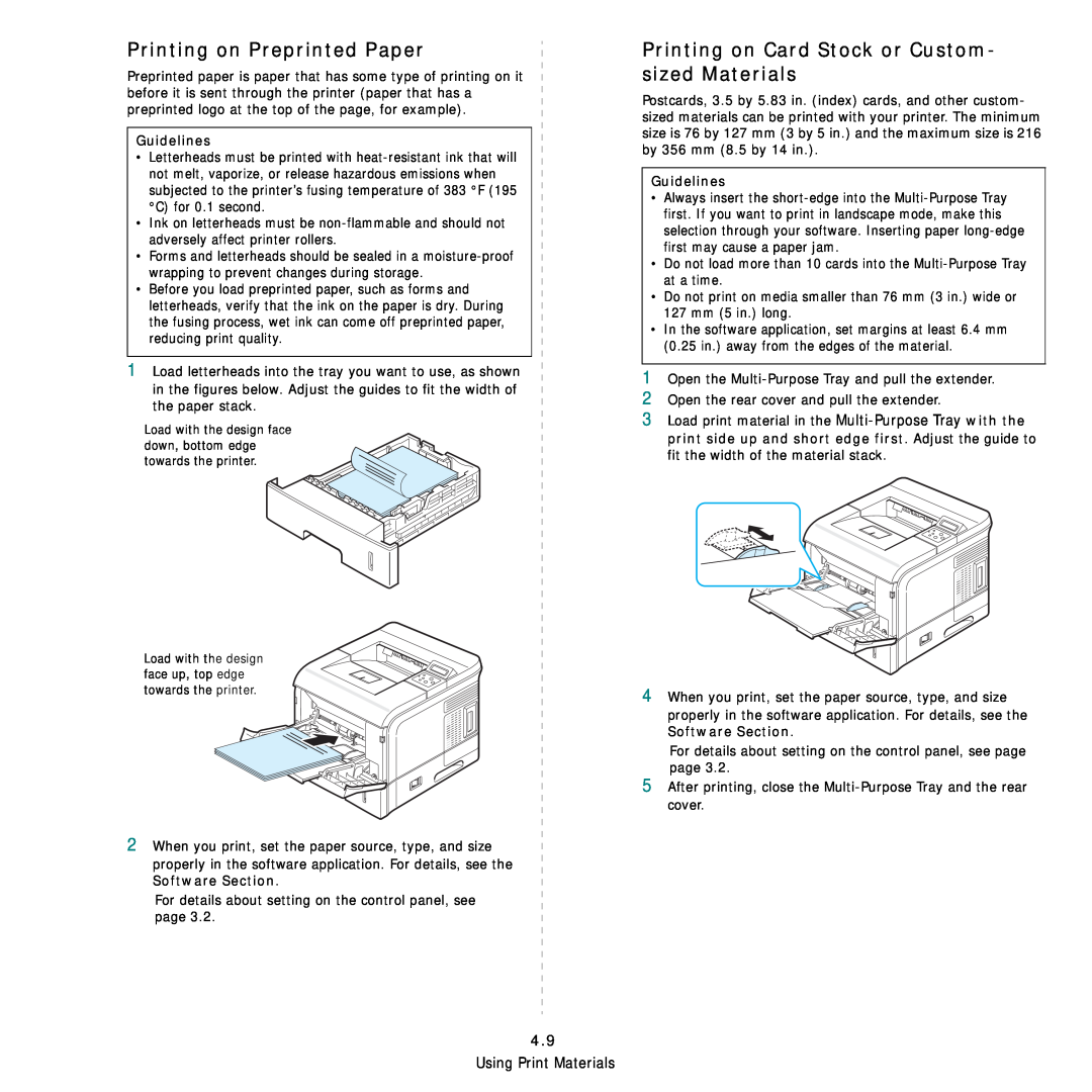 Samsung ML-3560 Series manual Printing on Preprinted Paper, Printing on Card Stock or Custom- sized Materials, Guidelines 