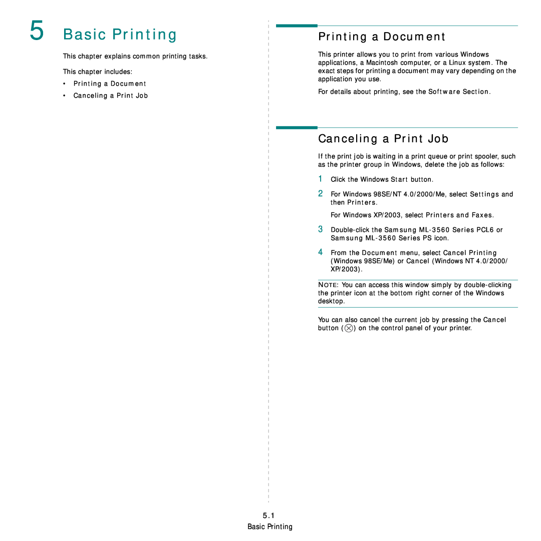 Samsung ML-3560 Series manual Basic Printing, Printing a Document, Canceling a Print Job 