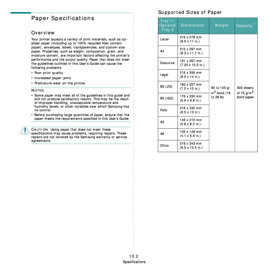 Samsung ML-3560 Series Paper Specifications, Overview, Supported Sizes of Paper, Capacity, Optional, Dimensions, Weight 