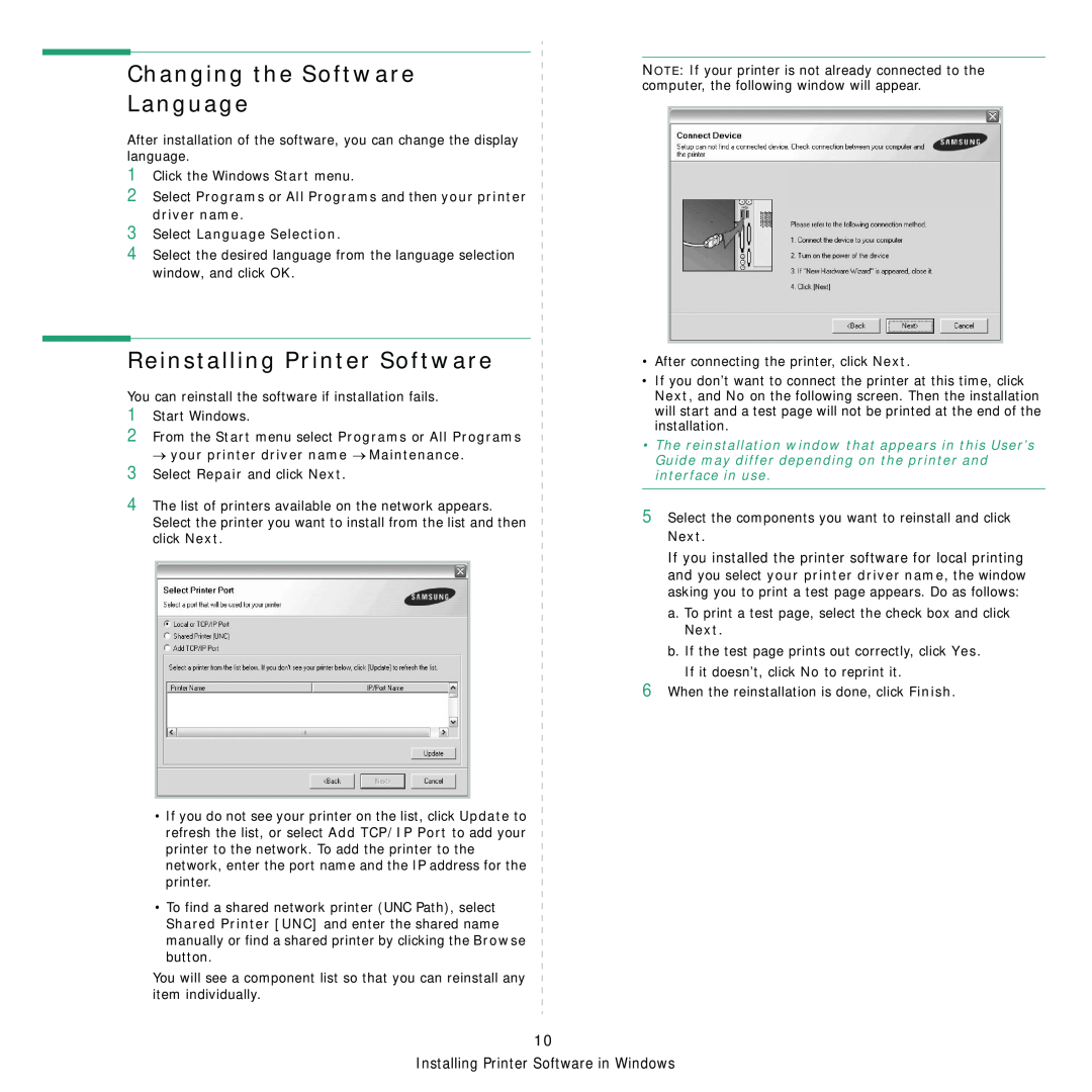 Samsung ML-3560 Series manual Changing the Software Language, Reinstalling Printer Software, Select Language Selection 