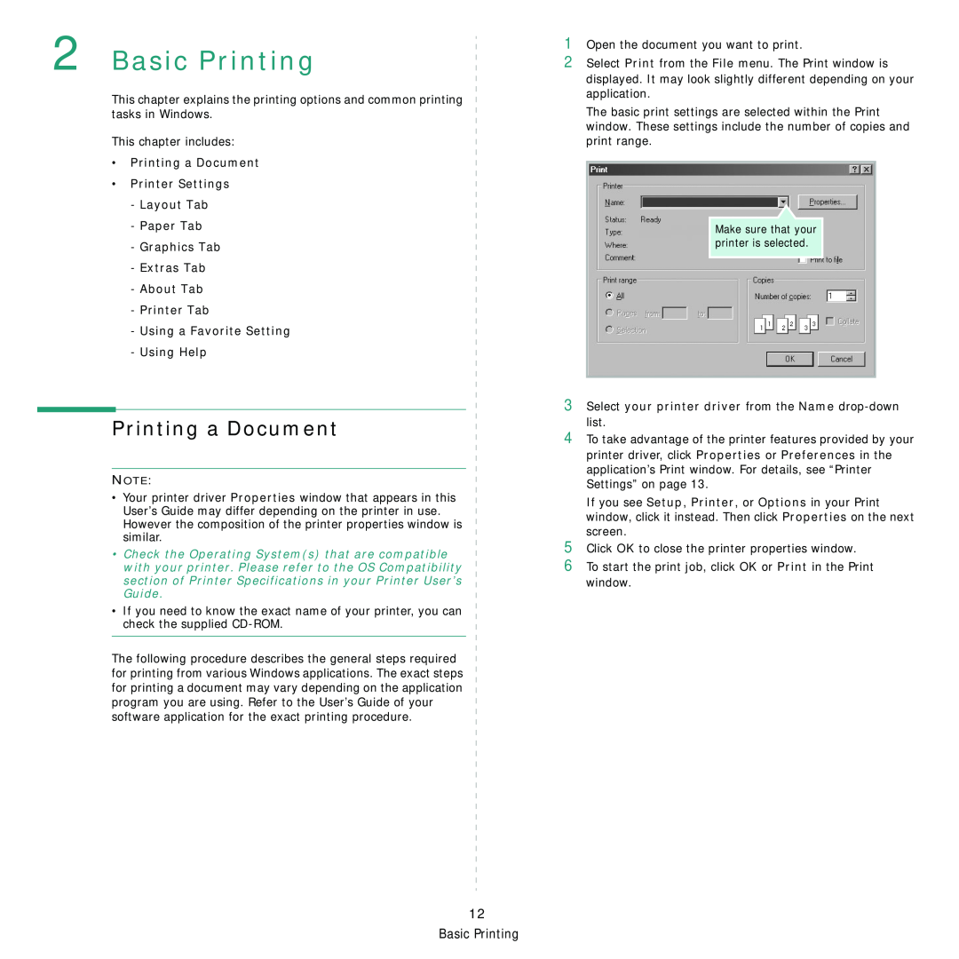 Samsung ML-3560 Series manual Basic Printing, Printing a Document Printer Settings Layout Tab Paper Tab 