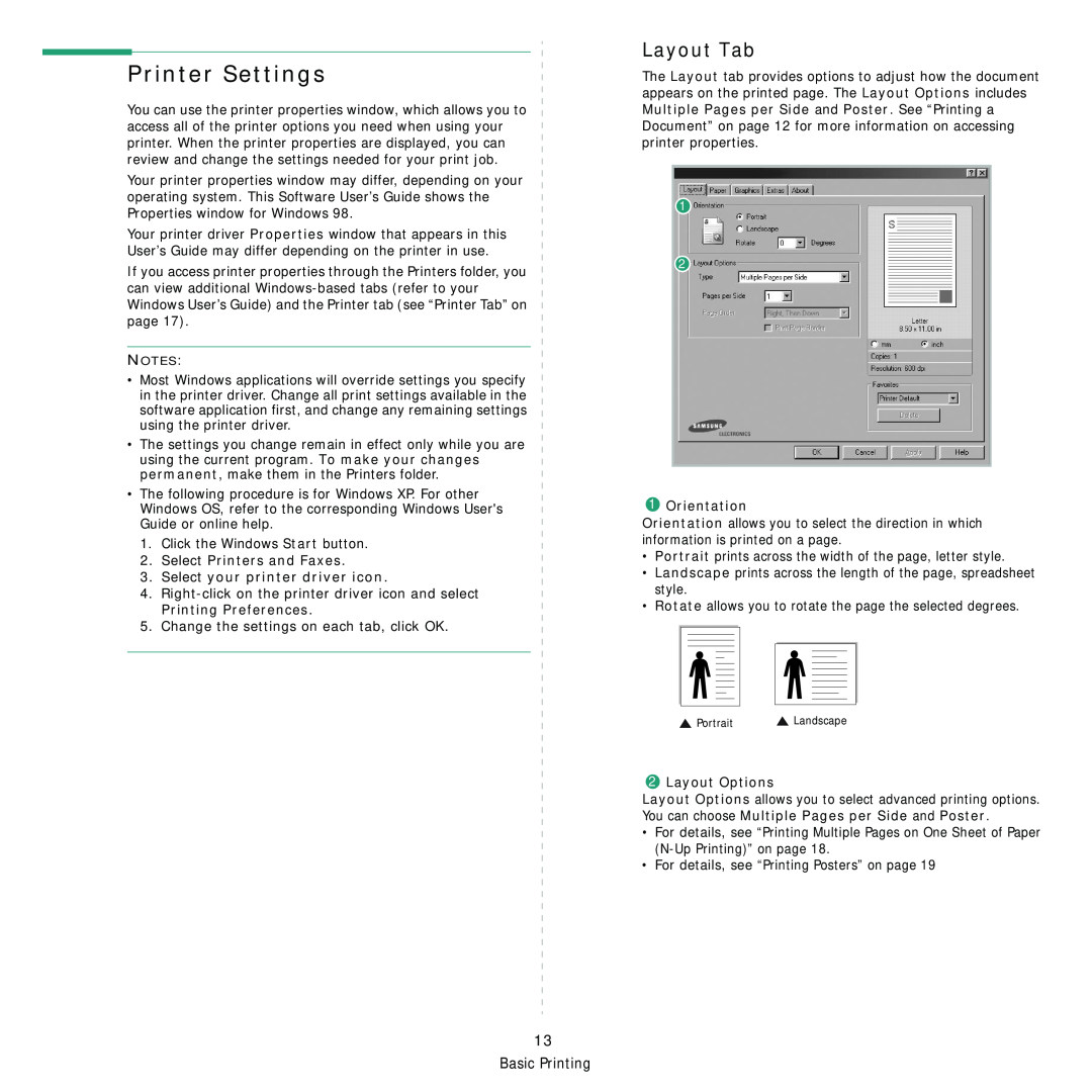 Samsung ML-3560 Series manual Printer Settings, Layout Tab, Select Printers and Faxes 3. Select your printer driver icon 