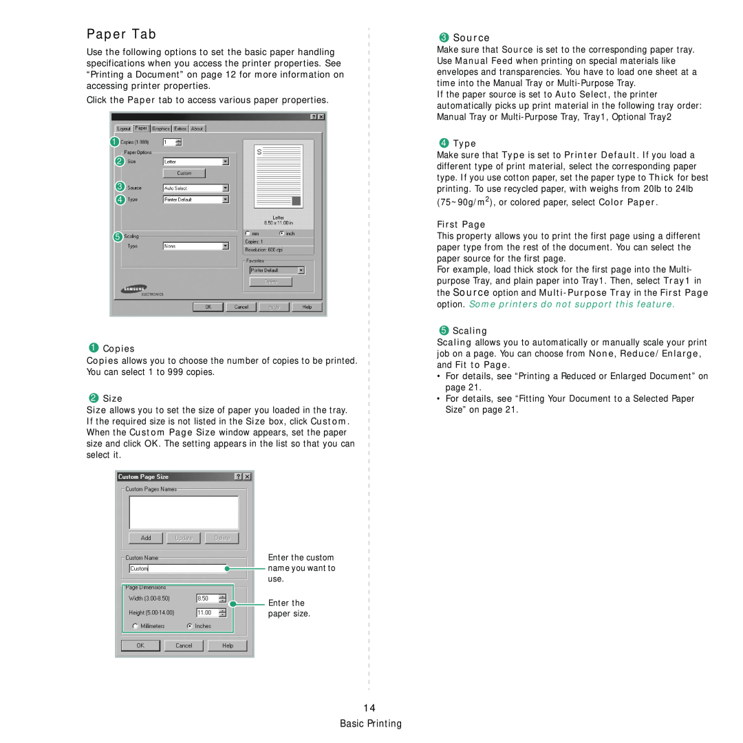 Samsung ML-3560 Series manual Paper Tab, Source, Copies, Size, Type, First Page, Scaling 