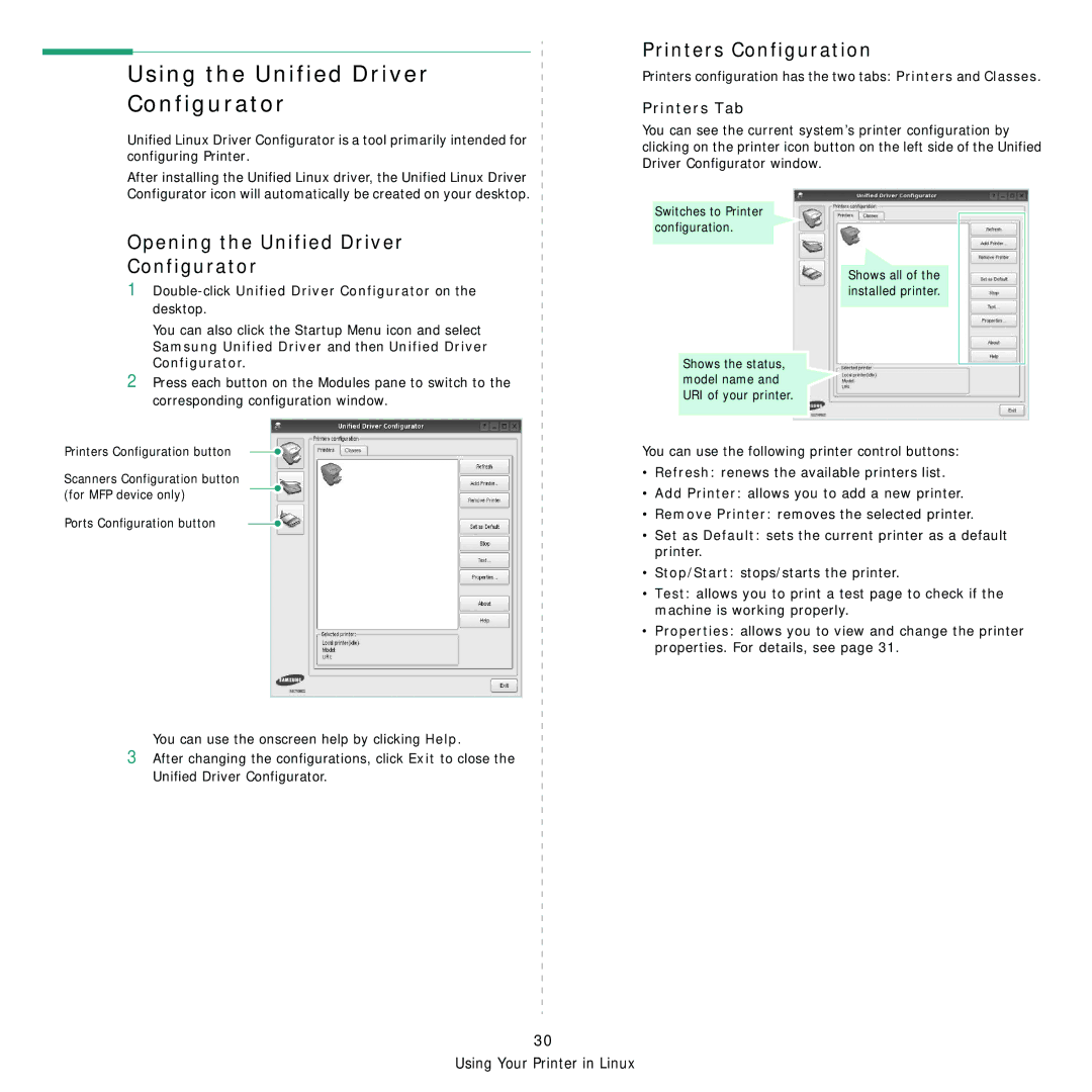 Samsung ML-4050 Series manual Using the Unified Driver Configurator, Printers Configuration, Printers Tab 