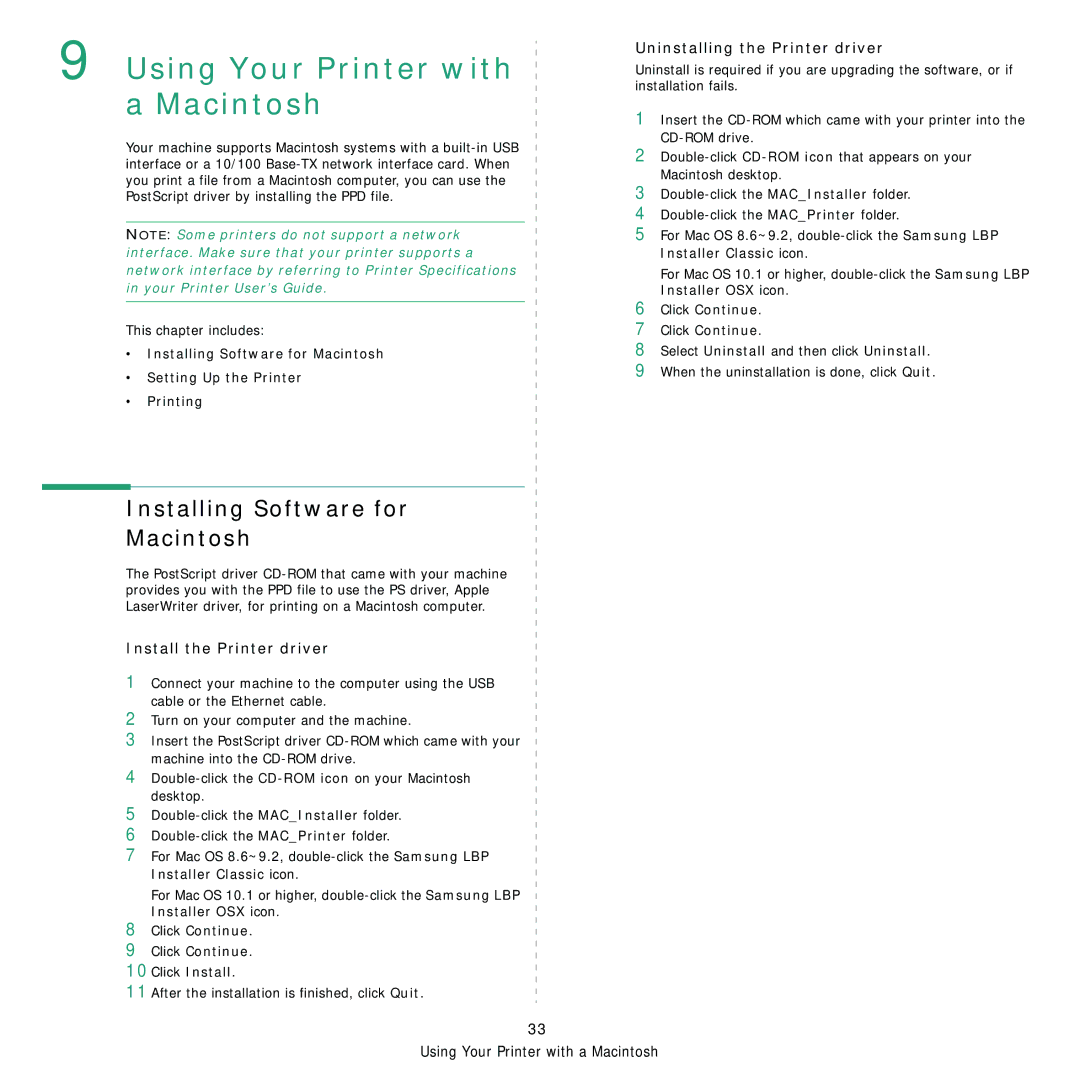 Samsung ML-4050 Series Installing Software for Macintosh, Install the Printer driver, Uninstalling the Printer driver 