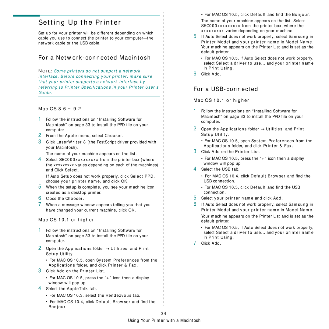 Samsung ML-4050 Series manual Setting Up the Printer, For a Network-connected Macintosh, For a USB-connected, Mac OS 8.6 ~ 