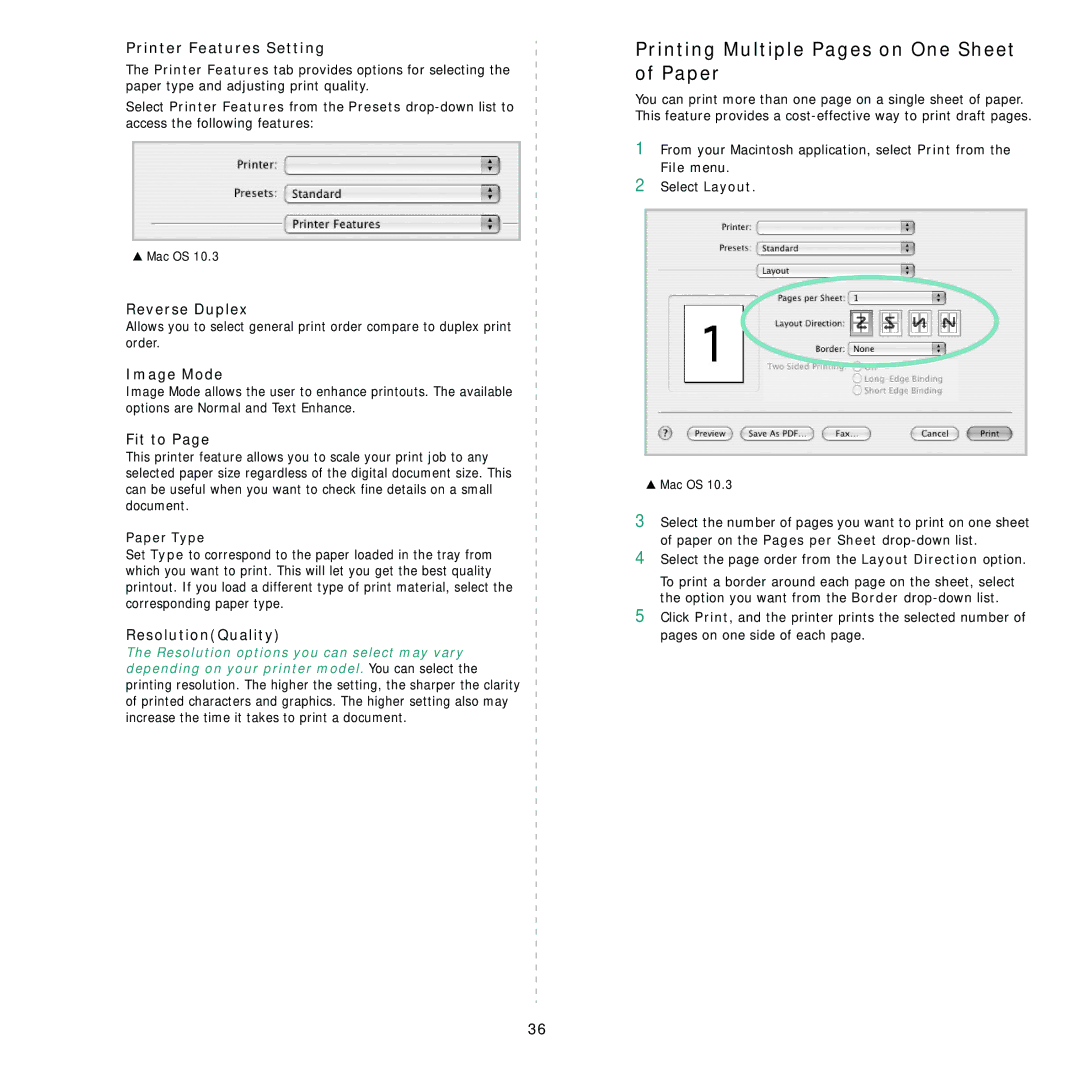 Samsung ML-4050 Series Printing Multiple Pages on One Sheet of Paper, Printer Features Setting, Reverse Duplex, Fit to 