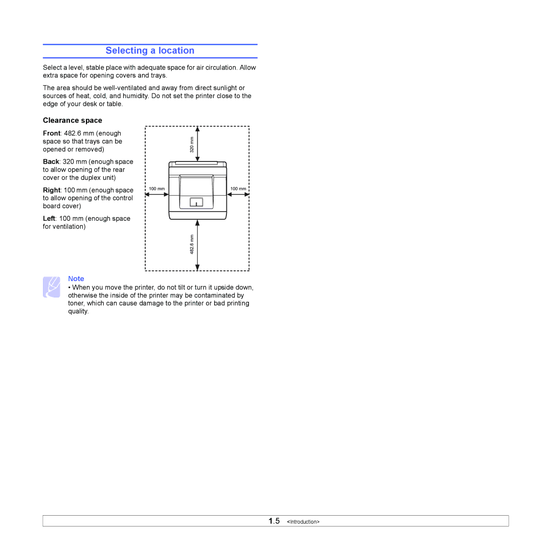 Samsung ML-4050 Series manual Selecting a location, Clearance space 