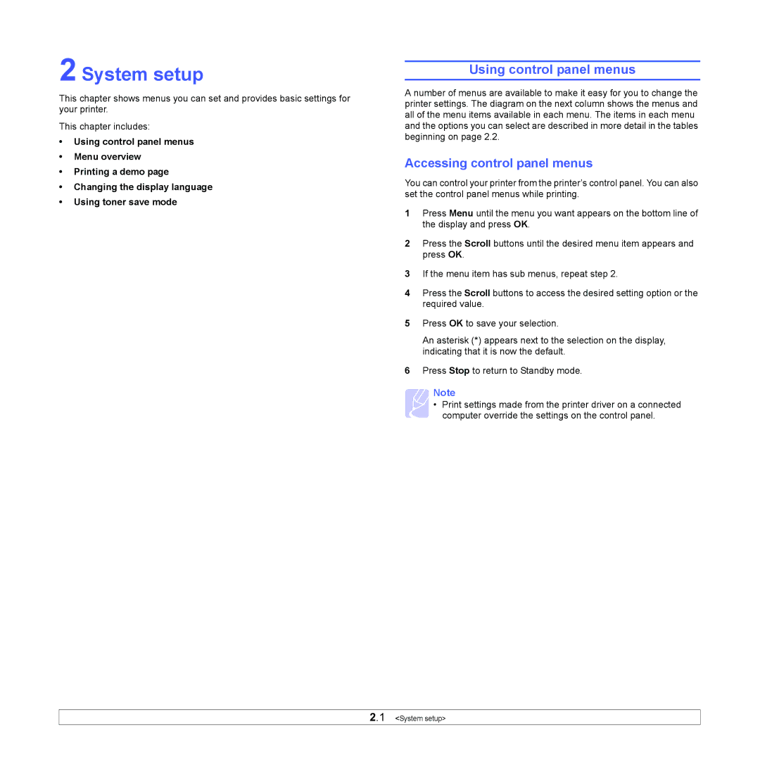 Samsung ML-4050 Series manual System setup, Using control panel menus, Accessing control panel menus 