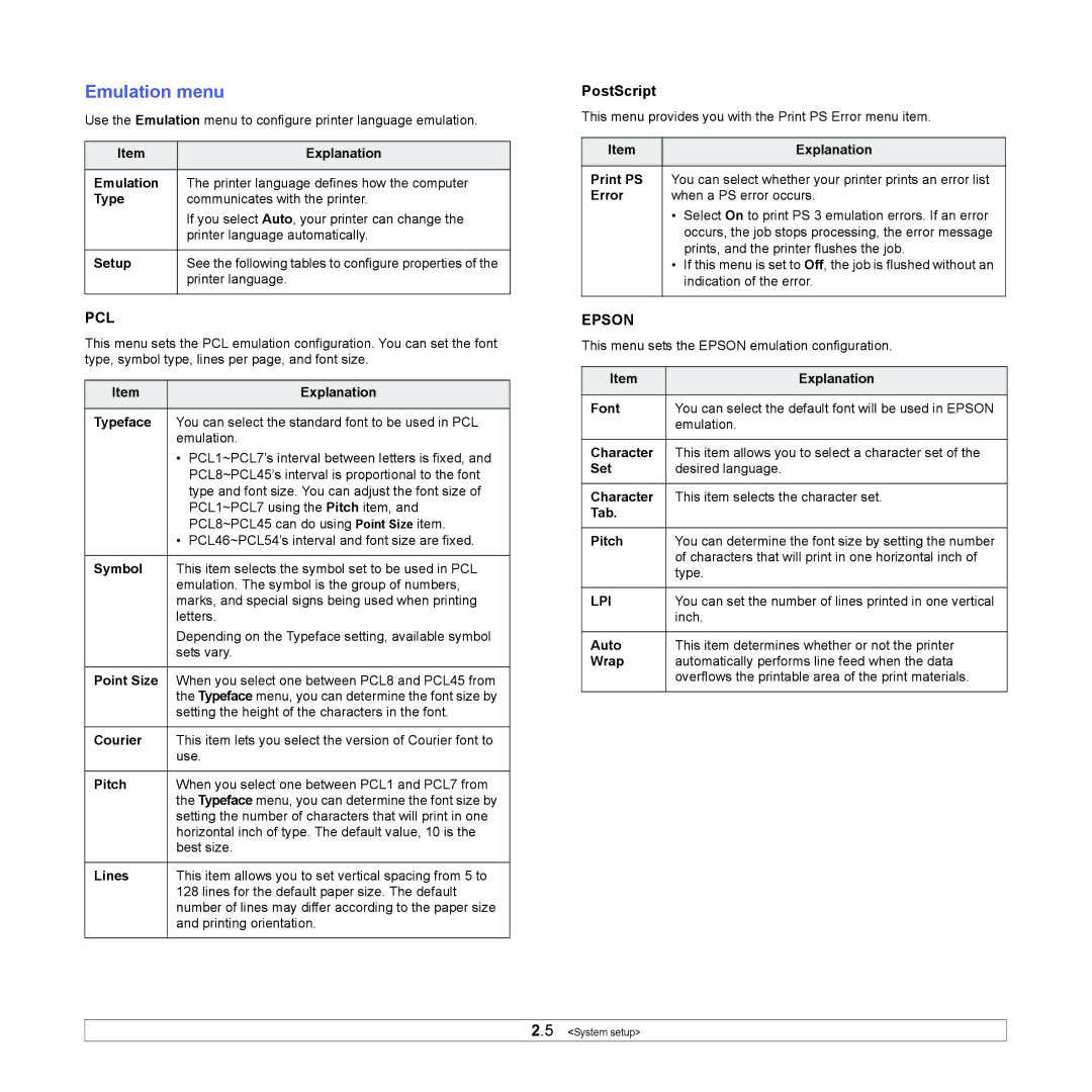 Samsung ML-4050 Series manual Emulation menu, PostScript 