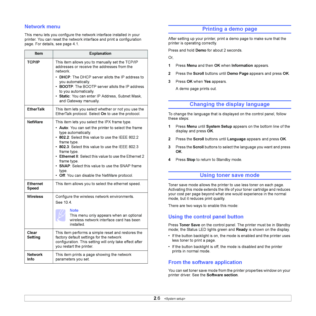 Samsung ML-4050 Series manual Printing a demo, Changing the display language, Using toner save mode 