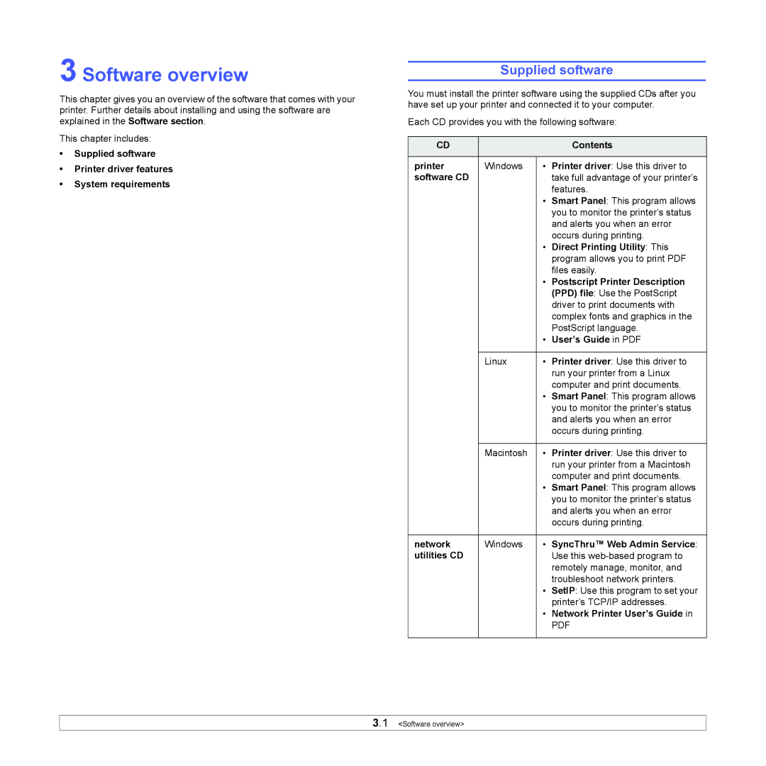 Samsung ML-4050 Series manual Software overview, Supplied software 